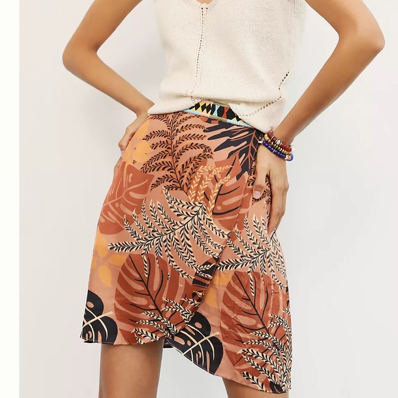 Farm Rio Anthropologie Isobel XS Brown Black Wrap-Look Embroidered Tropical Mini - Picture 7 of 7
